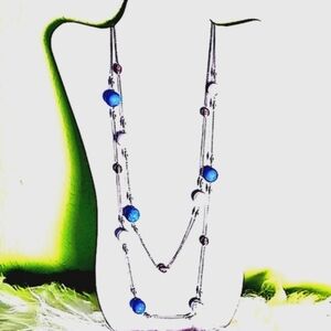 Long Silver Necklace with Teal, White & Silver Color Balls